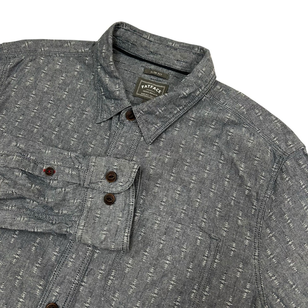Fat Face Shirt Mens Large Slim Fit Blue Chambray Long Sleeve Button Up Geometric